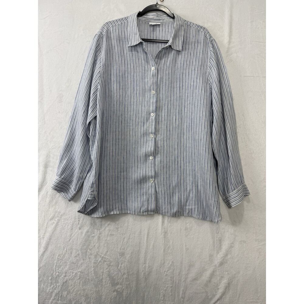 J Jill love linen Blue White Stripe Tunic Button Shirt Women's Beachy Coastal XL